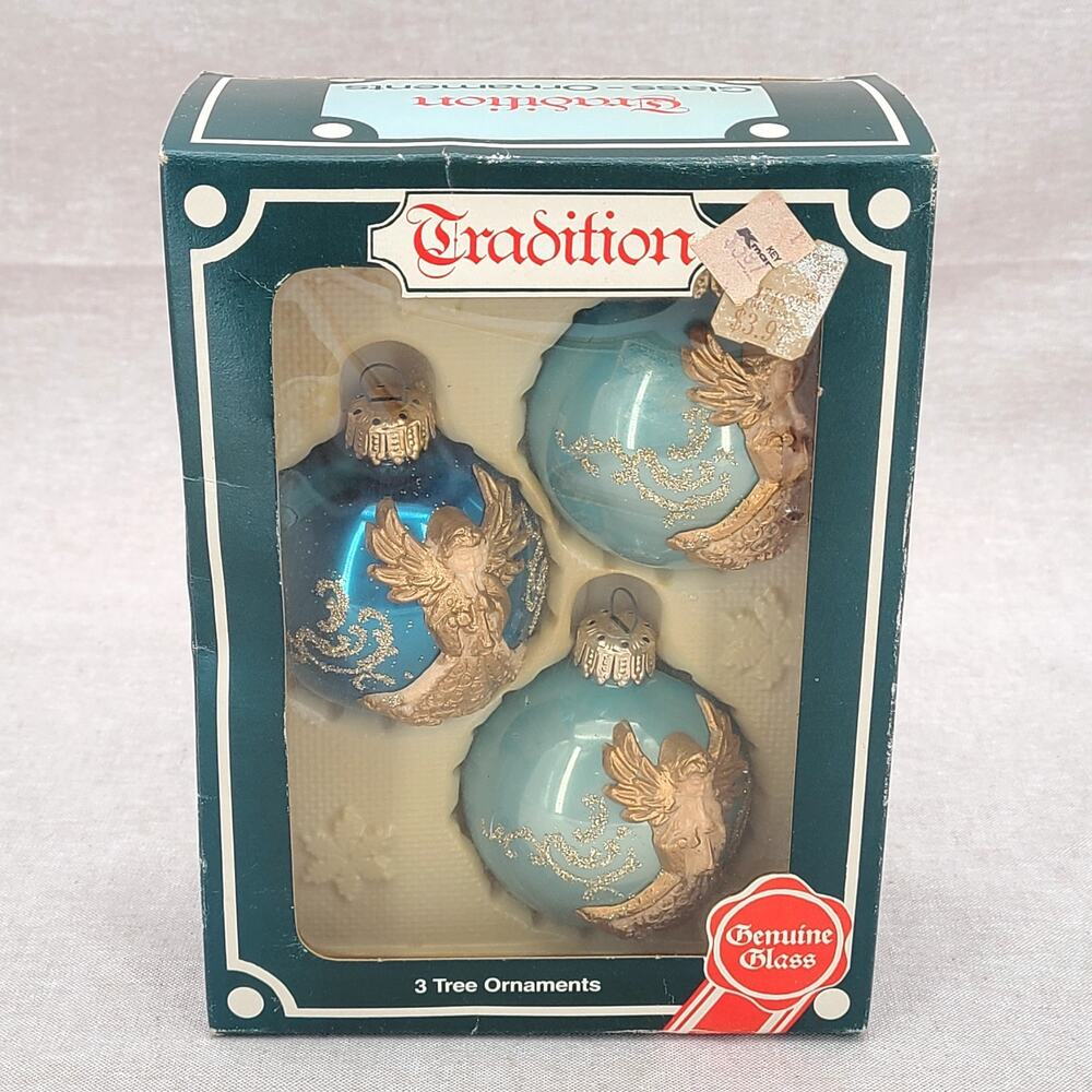 3 Blue & Gold VTG Kugelgruss Traditions 3D Angel Glass Ornaments West Germany